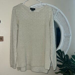 Cream Liz Claiborne career gold Pom dressy Taylored beautiful sweater L cardigan